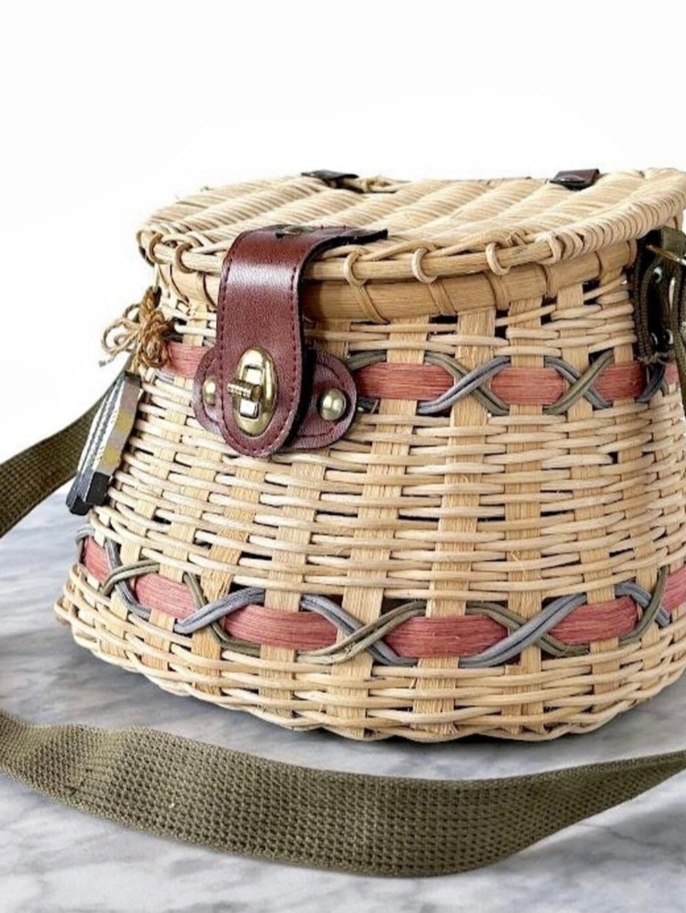 Fishing Creel Basket Woven Shoulder Bag Beige & Brown - Picture 2 of 7